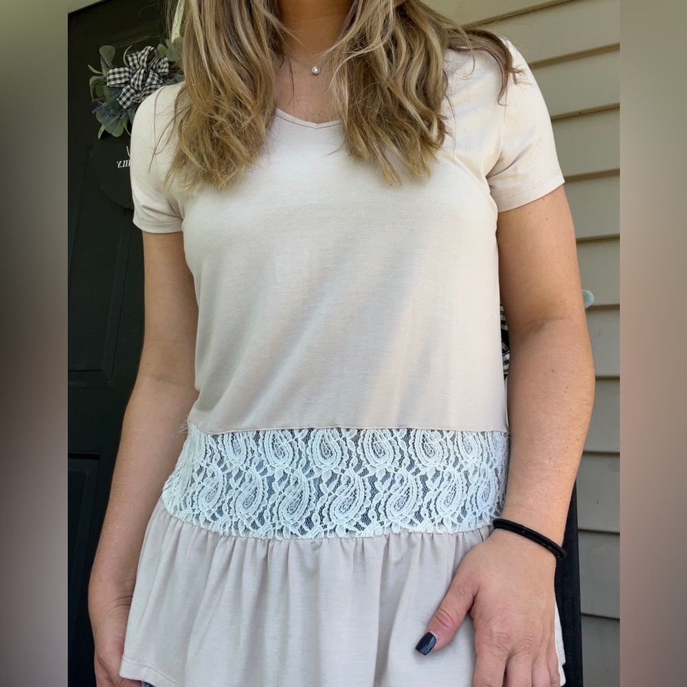 Tan and white lace blouse